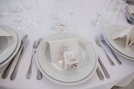 decor of a wedding table on holiday in restaurantの写真素材