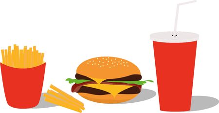 big burger with fries and a drink in glassのイラスト素材