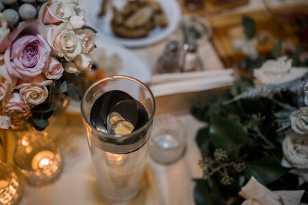 candles on a table in restaurant with decorの写真素材