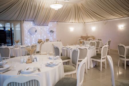 decor of flowers at a wedding in banquet hallの写真素材