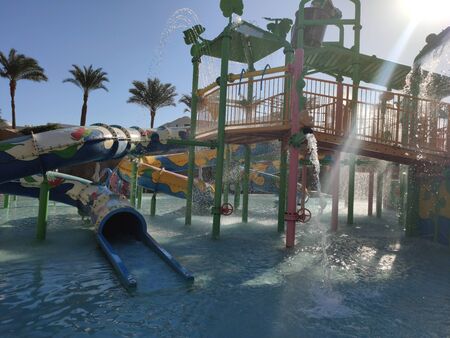 children's water park in pool in summerの写真素材