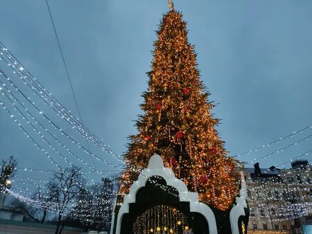 Christmas tree in city with decor and lightsの写真素材