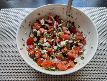 vegetable salad in white bowlの写真素材