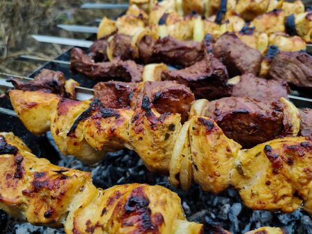 meat on a skewer on the grill on picnicの写真素材