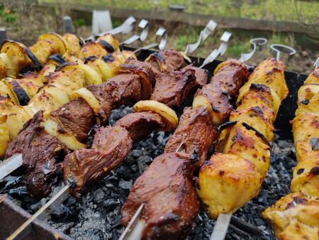 meat on a skewer on the grill on picnicの写真素材