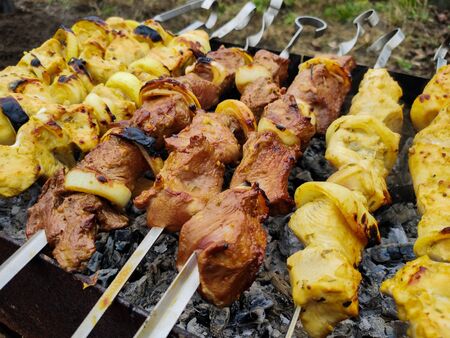meat on a skewer on the grill on picnicの写真素材