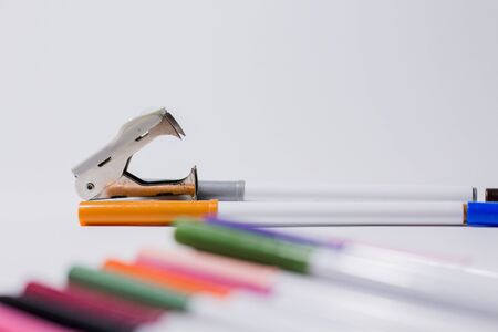 multicolored felt-tip pens on white backgroundの写真素材