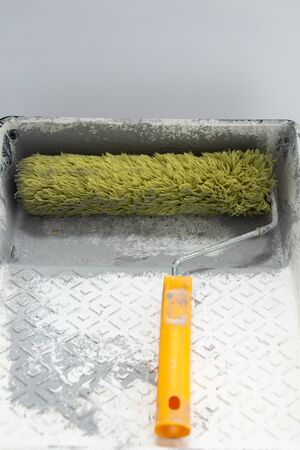 a paint roller in the paint trayの写真素材