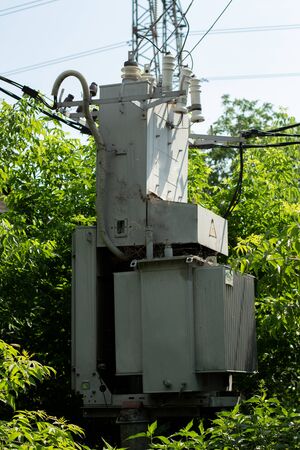 electric transformer among trees in summer