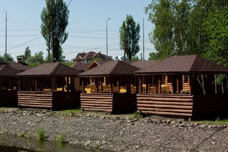a wooden holiday houses in the parkの写真素材
