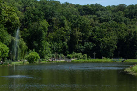 a large beautiful lake with green landscapeの写真素材