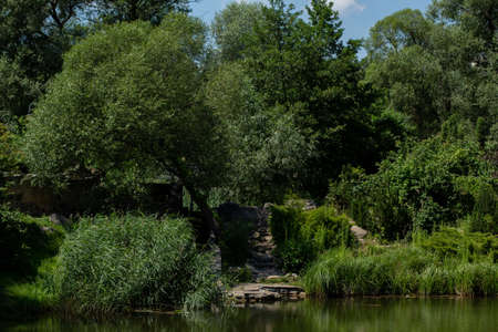 a large beautiful lake with green landscapeの写真素材