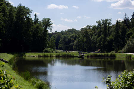 landscape with lake in the parkの写真素材