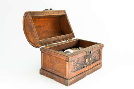 vintage wooden casket on white backgroundの写真素材
