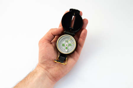 compass in hand on white background