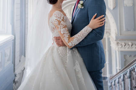 bride and groom at wedding in an old buildingの写真素材