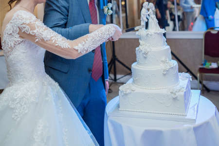 the groom and the bride cut wedding cake
