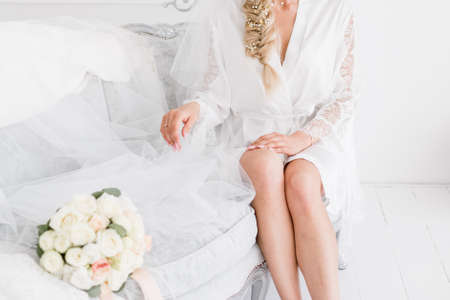 the bride in the morning with a veil
