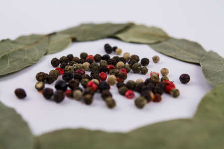 a bay leaf with peppercorns on a white backgroundの写真素材