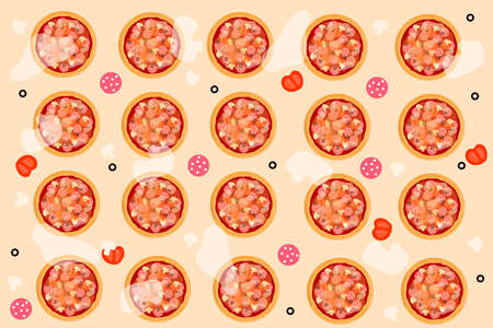 a pizza with salami mushrooms and mozzarella and olivesのイラスト素材