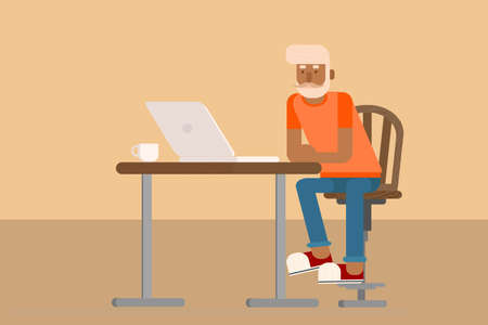 man with blond hair sits in a cafe with a laptopのイラスト素材