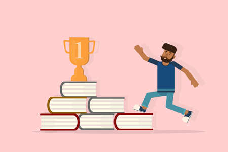 Education or knowledge steps success, learning or study for skill development to achieve business success concept, businessman step up on stack of books as staircase to achieve crown at the topのイラスト素材