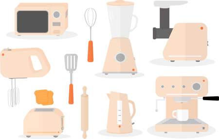 a set of equipment for the kitchen kettle microwave blender mixer meat grinder coffee maker toasterのイラスト素材