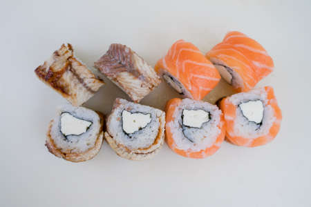 a sushi roll with salmon and eel set japanese cuisineの写真素材