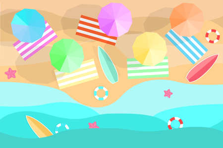 a beach in summer with water umbrellas towel waves lifebuoy surf and starfish on vacationのイラスト素材