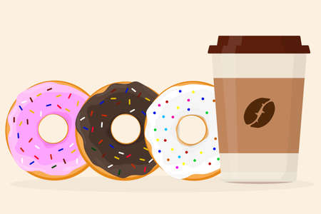 cup of coffee in a paper cup with a lid and donuts with different fillingsのイラスト素材