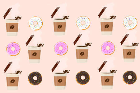 a cup of black roasted fresh coffee espresso latte cappuccino with donuts texture patternのイラスト素材