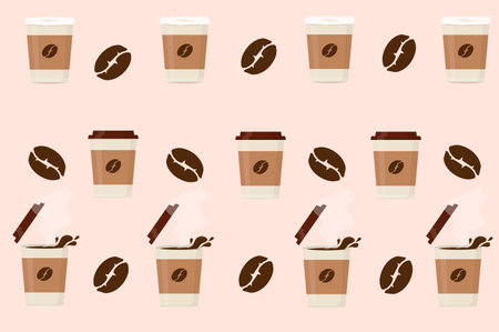 a grains of black roasted fresh coffee with paper cups latte espresso cappuccino texture patternのイラスト素材
