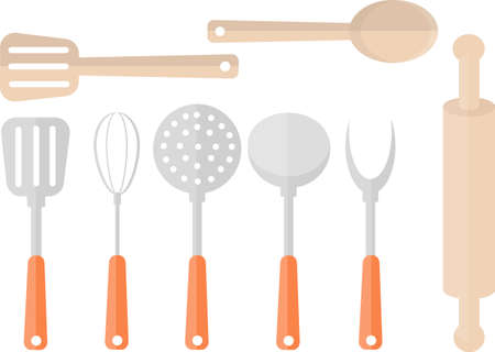 set of kitchen accessories ladle spatula rolling pin fork spoon woodenのイラスト素材