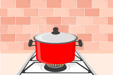 large red pot is boiling on a gas stove in the kitchenのイラスト素材