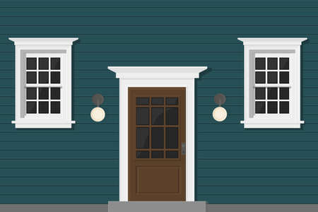 a blue wooden house with white windows and white doorのイラスト素材