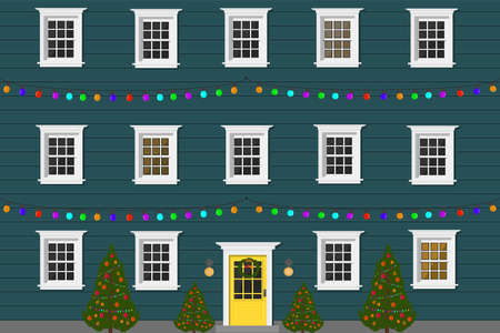 a blue apartment building with a door and windows in the evening with a garland for the holiday and christmas treeのイラスト素材