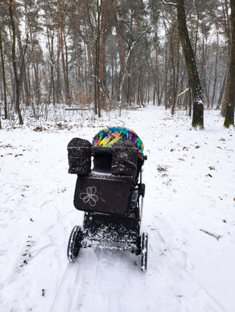 a baby stroller stands in the park in winter in the snow
