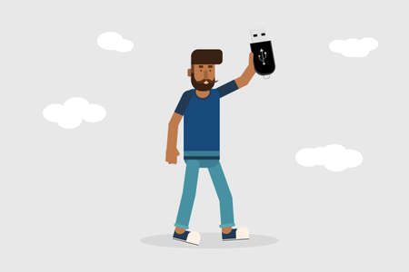 a man holding usb flash memory stick in his handのイラスト素材