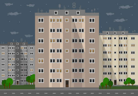 multi-storey panel apartment buildings in the city in the eveningのイラスト素材