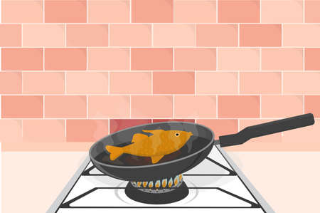 a big goldfish salmon trout in a pan fry on a gas stoveのイラスト素材