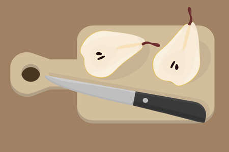 a cut pear on a wooden board with a knifeのイラスト素材