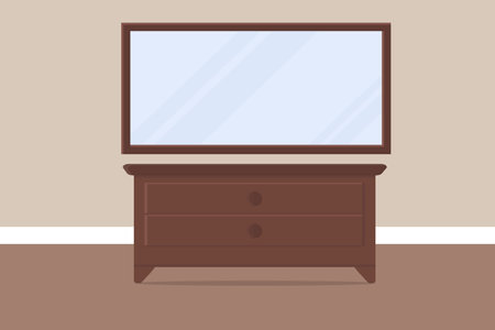 a large mirror with table and cabinet in the roomのイラスト素材