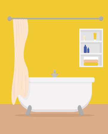 large white bathtub with a tap and a curtain and a shelf with towels and cosmeticsのイラスト素材