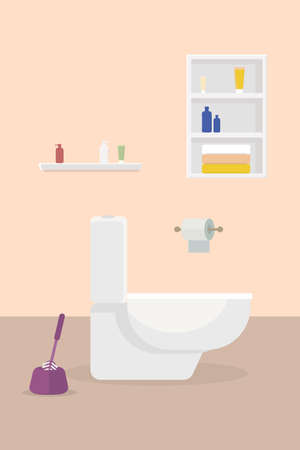 a white ceramic toilet bowl with toilet paper with shelves and a brushのイラスト素材