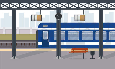 a blue passenger train at train station train station in cityのイラスト素材