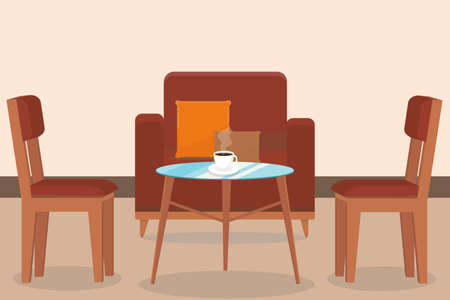 an armchair and chairs near the table with a cup of coffee at home or in a cafeのイラスト素材