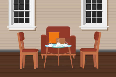 an armchair chairs and a table with coffee on the veranda of the house with windows terrace cafeのイラスト素材