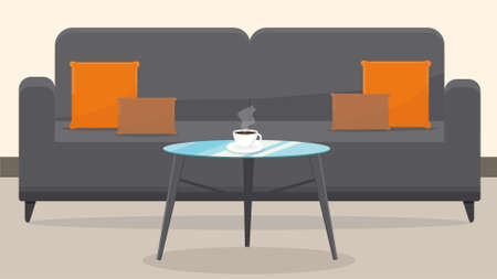 a large sofa with glass table and coffee cup at homeのイラスト素材