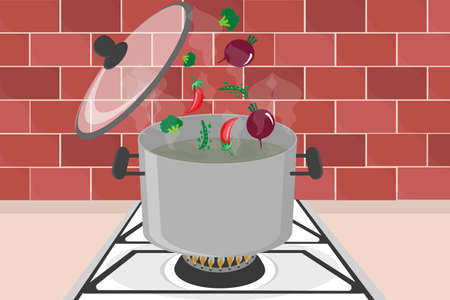 a vegetables fall into a pot on a stove with boiling water for soupのイラスト素材