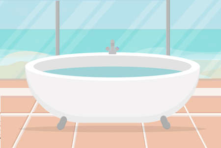 a beautiful bath in a house by the sea with modern glass wallsのイラスト素材